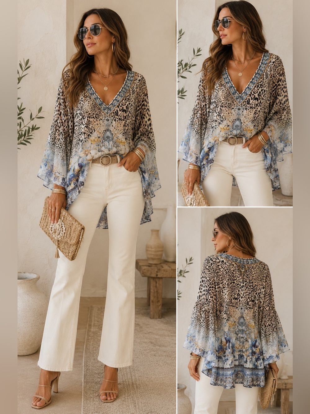 Camilla Silk Embellished Leopard Seashell Kaftan Tunic Top XXL